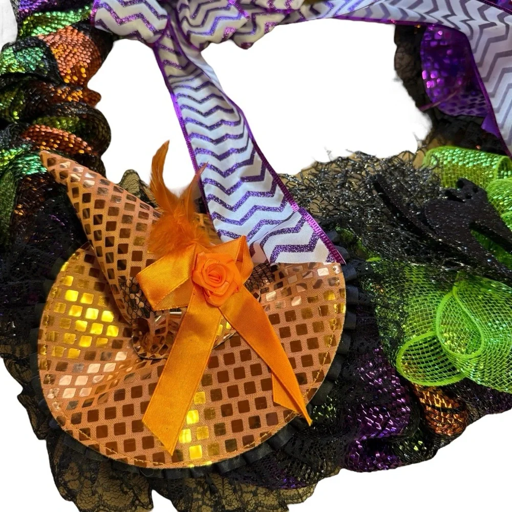 Halloween Glitter Mesh Wreath with Witch Hats, Black Cat & Purple Bow – 24″